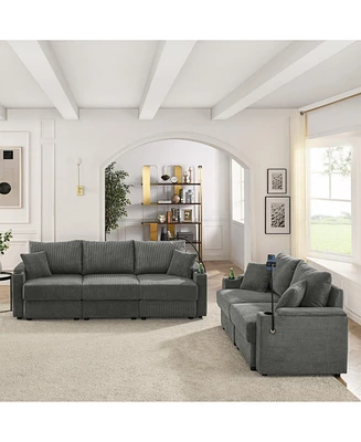 Modern 2-Piece Corduroy Sofa Set with Storage, Cup and Phone Holders