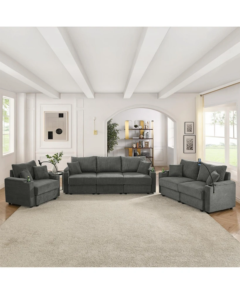 Corduroy Sofa Set with Storage, Cup Holders & Charging Ports
