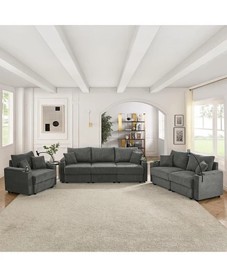 Corduroy Sofa Set with Storage, Cup Holders & Charging Ports