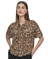 Dkny Petite Printed Short-Sleeve Button-Front Shirt