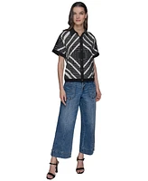 Karl Lagerfeld Paris Women's Geo-Print Button-Down Short-Sleeve Top