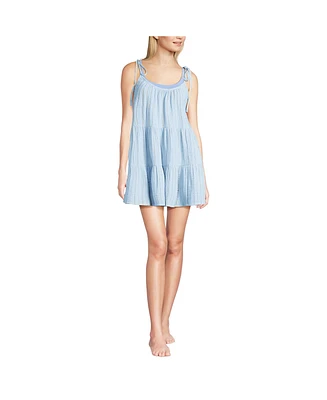 Lands' End Women's Long Cotton Gauze Metallic Tiered Mini Cover-up Dress