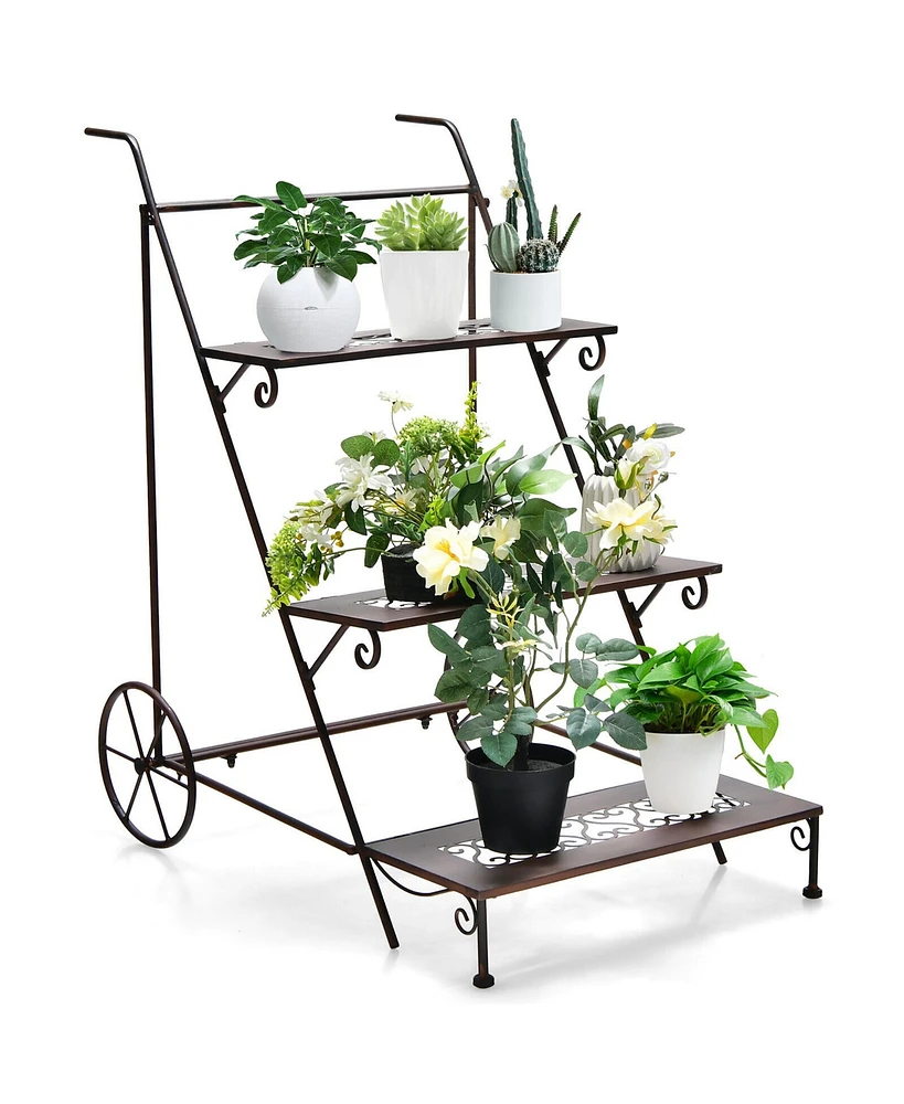 Gymax 3-Tier Metal Plant Stand Ladder Shaped Flower Pot Holder Storage Rack w/ Wheels