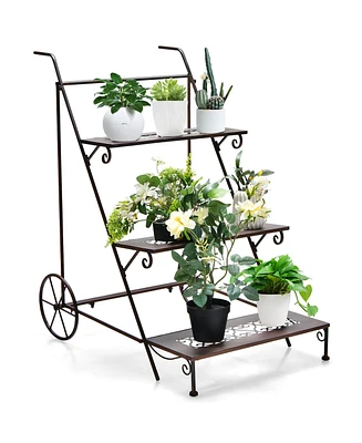Gymax 3-Tier Metal Plant Stand Ladder Shaped Flower Pot Holder Storage Rack w/ Wheels