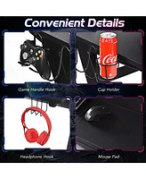 45.5 Gaming Desk, Z Shaped Racing Game Table with Carbon Fiber Surface, Mouse Mat, Headphone Hook, Cup Holder, Game Handle Rack, Ergonomic Home Office