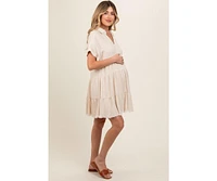 Pinkblush Maternity Cream Tiered Linen Dress