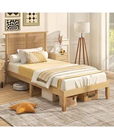 Gymax Twin Size Bed Frame w/ Rattan Headboard 10 Solid Wood Legs & 12 Wooden Slats