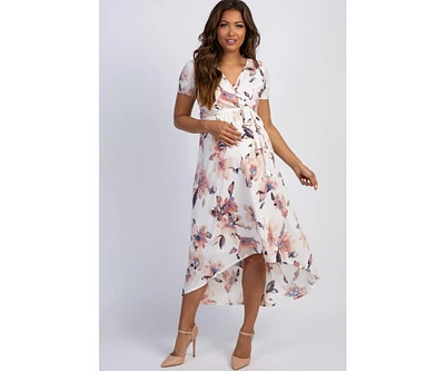 Pinkblush Maternity Ivory Watercolor Floral Hi-Low Wrap Dress