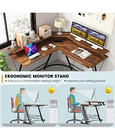 L-shaped Computer Desk with Power Outlet and Monitor Stand