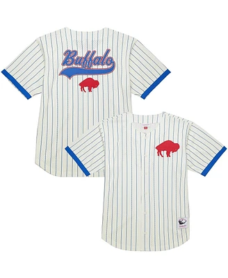 Mitchell & Ness Men's Cream Buffalo Bills Vintage Logo Final Seconds Full-Button Mesh T-Shirt