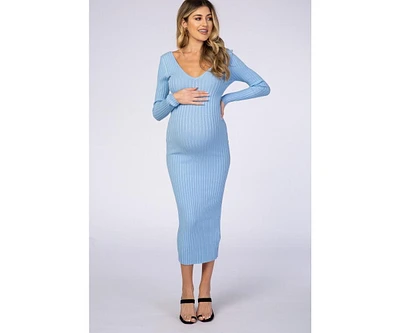 Pinkblush Maternity Light Blue V-Neck Long Sleeve Fitted Maxi Dress