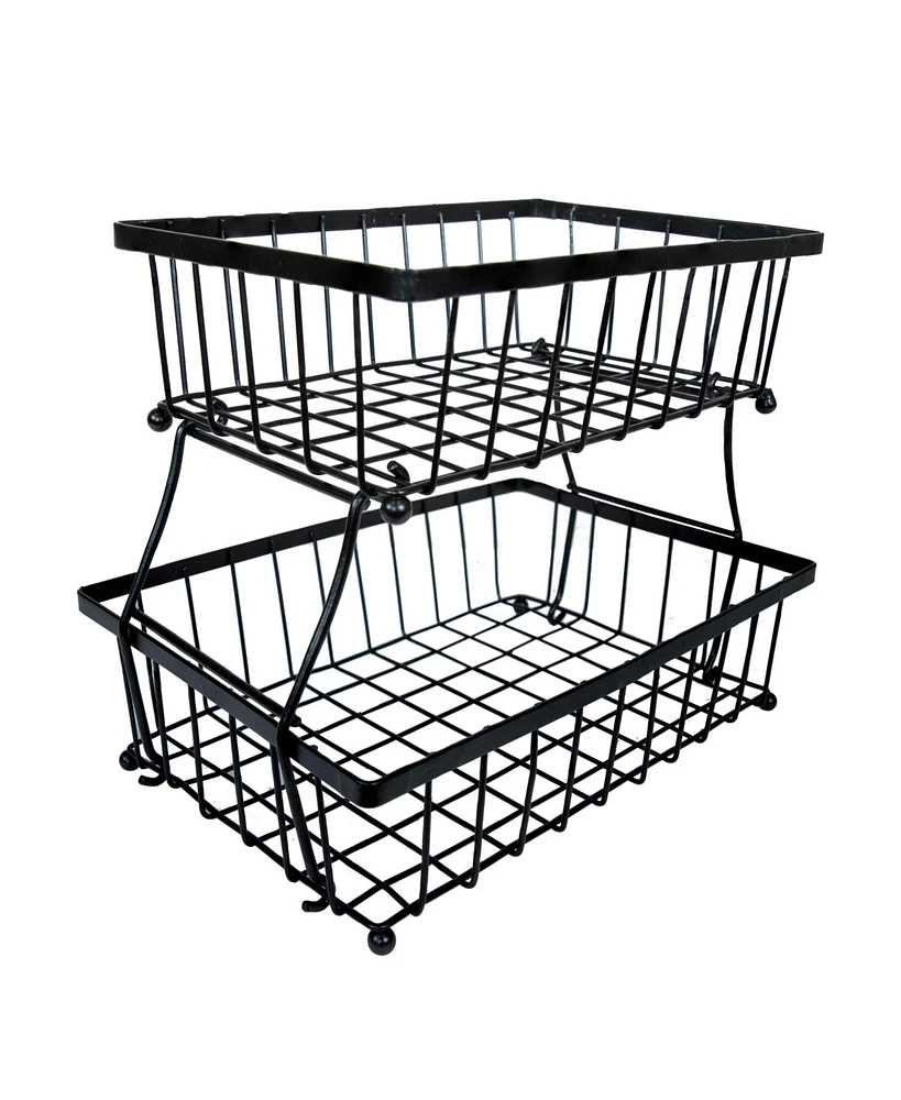 2-Tier Fruit Basket for Kitchen Counter - Metal Wire Rustic Storage Basket for the Countertop - Black - 15.25" W