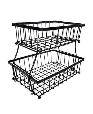 2-Tier Fruit Basket for Kitchen Counter - Metal Wire Rustic Storage Basket for the Countertop - Black - 15.25" W