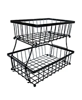 2-Tier Fruit Basket for Kitchen Counter - Metal Wire Rustic Storage Basket for the Countertop - Black - 15.25" W