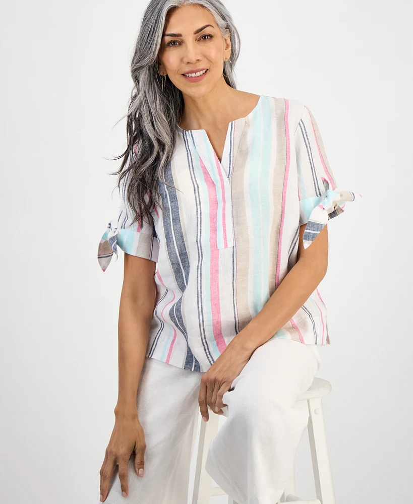 Charter Club Women's Striped 100% Linen Tied-Sleeve Top, Exclusively at Macy's