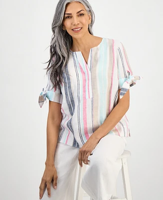 Charter Club Women's Striped 100% Linen Tied-Sleeve Top, Exclusively at Macy's