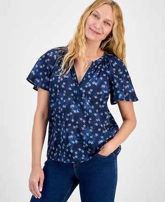 Style & Co Women's Printed Flutter-Sleeve Cotton Top, Exclusively at Macy's