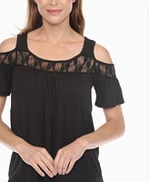 White Mark Women's Cold Shoulder Lace Trim Knit Top