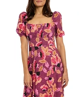 London Times Women's Printed Square-Neck Puff-Sleeve Dress