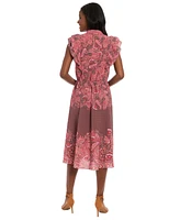 London Times Women's Printed Split-Neckline Ruffle Midi Dress