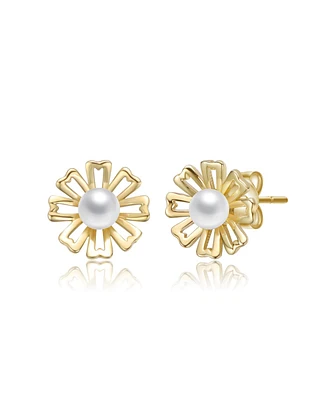 14K Gold Plated with White Pearl Flower Pearl Stud Earrings