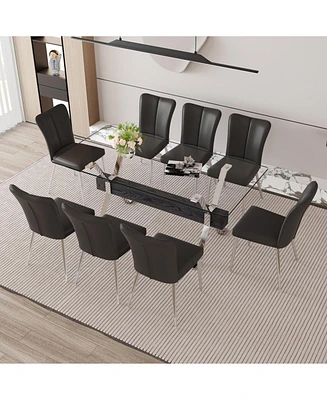 Elegant Glass Dining Set with Black Pu Striped Chairs (71"x35.4