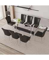 Elegant Glass Dining Set with Black Pu Striped Chairs (71"x35.4