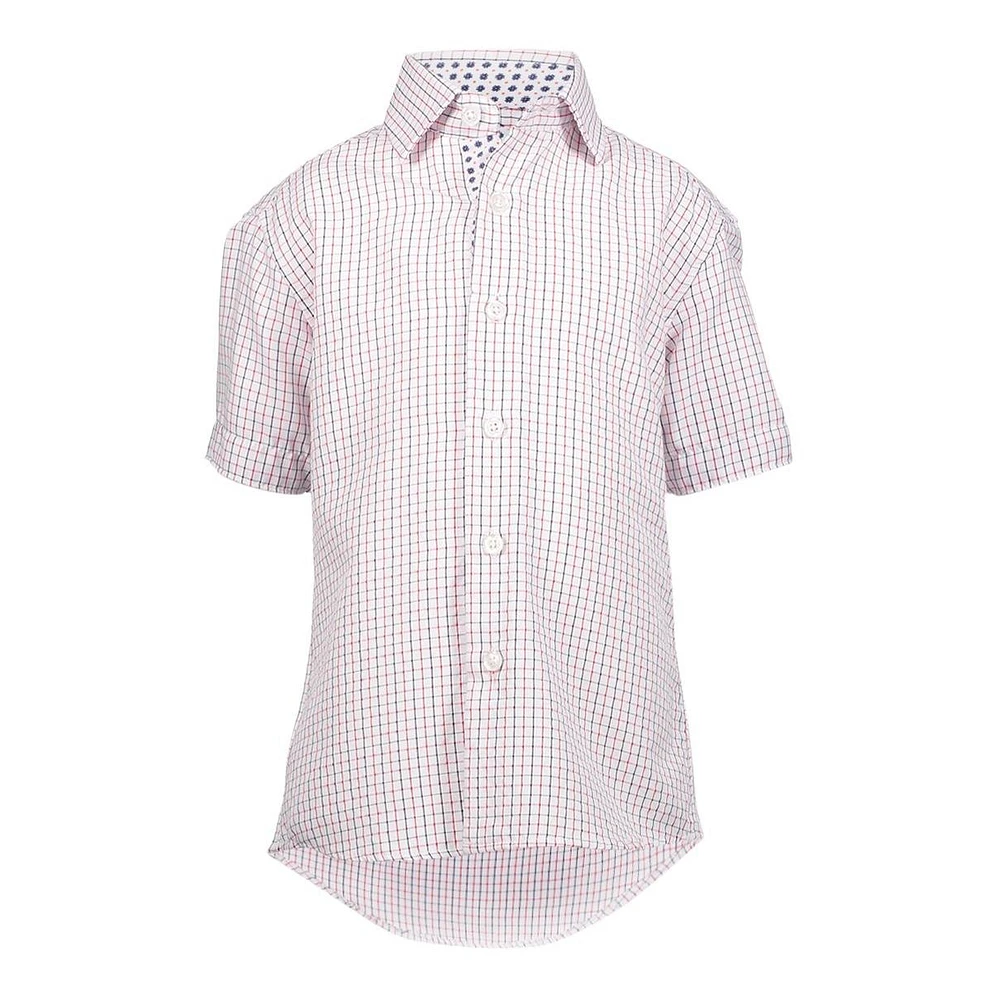 Elie Balleh Little Boys Red Short Sleeve Navy Tattersal Slim Fit Shirt