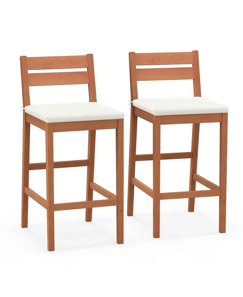 Gymax Patio Eucalyptus Wood Bar Stools Set of 2 Outdoor Bar Height Patio Chairs w/ Cushions