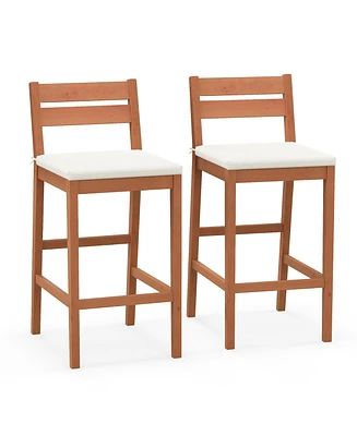 Gymax Patio Eucalyptus Wood Bar Stools Set of 2 Outdoor Bar Height Patio Chairs w/ Cushions