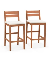 Gymax Patio Eucalyptus Wood Bar Stools Set of 2 Outdoor Bar Height Patio Chairs w/ Cushions