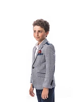 Elie Balleh Toddler Blue Slim Fit Tweed & Faux Leather Blazer