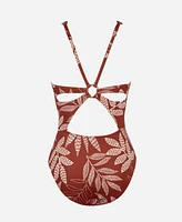 Cupshe Women's Brick Red Botanical Prints Front Keyhole Gathered Back One-Piece Swimsuit