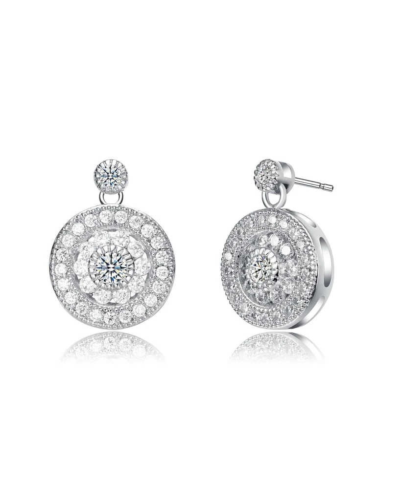 White Gold Plated with Clear Cubic Zirconia Concentric Halo Medallion Drop Earrings