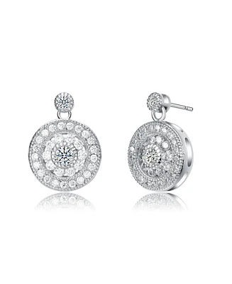 White Gold Plated with Clear Cubic Zirconia Concentric Halo Medallion Drop Earrings