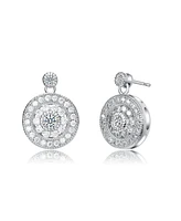 White Gold Plated with Clear Cubic Zirconia Concentric Halo Medallion Drop Earrings