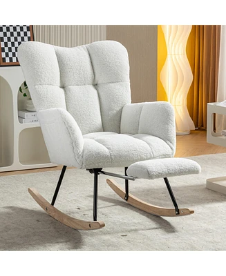 Teddy Fabric Rocking Chair With Adjustable Footrest,Ivory