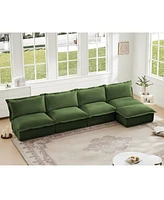 4-Seater Modular Armless Sectional with Ottoman, Green Chenille