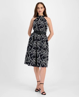Anne Klein Women's Halter Neck Belted Midi Dress