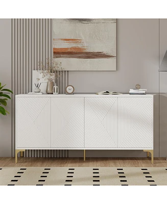White Wood Buffet Cabinet with Carved Doors & Storage