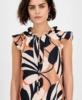 Robbie Bee Women's Printed Ruffle-Neck Cap-Sleeve Dress