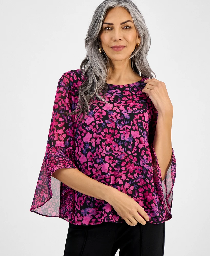 Kasper Women's Floral-Print Bell-Sleeve Top, Regular & Petite