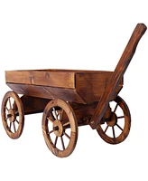 Wood Wagon Flower Planter Pot Stand W/Wheels Home Garden Outdoor Decor