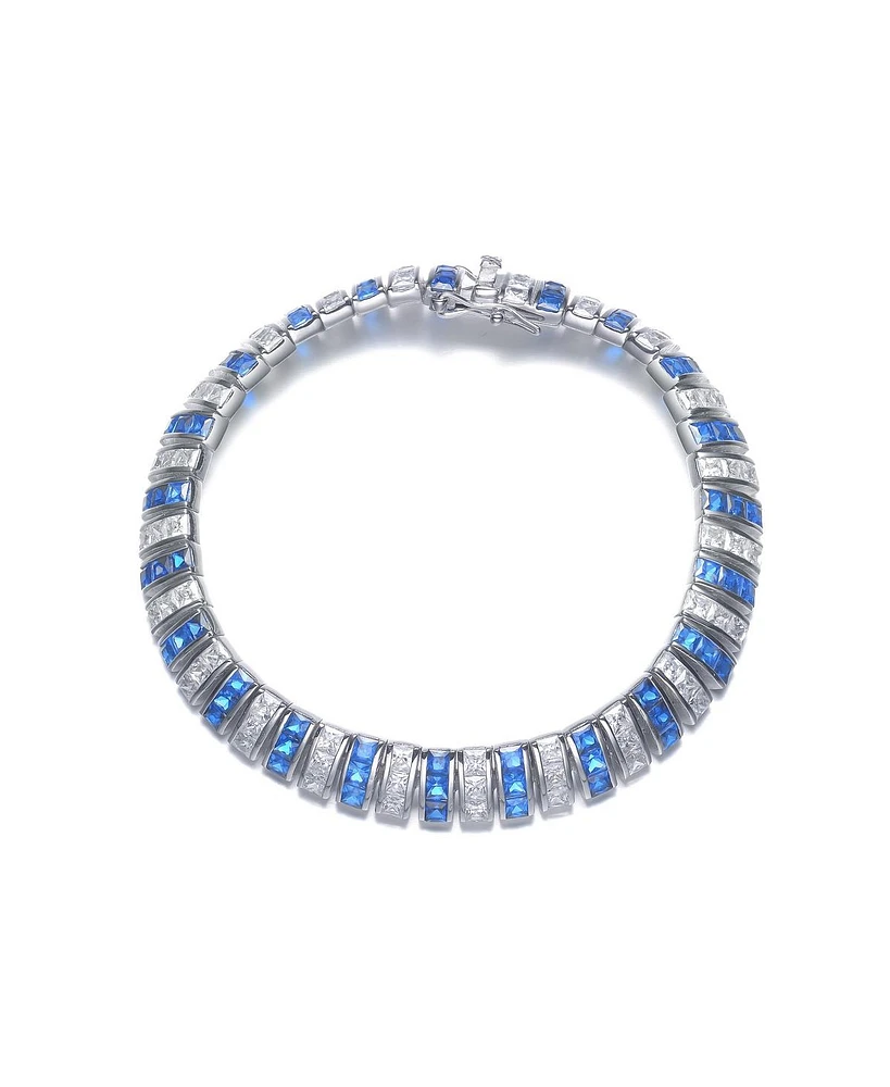 Sterling Silver White Gold Plating with Blue and White Cubic Zirconia Bracelet