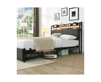 Full Bed Frame, Storage Headboard with Charging Station, Solid and Stable, Noise Free, No Box Spring Needed, Easy Assembly