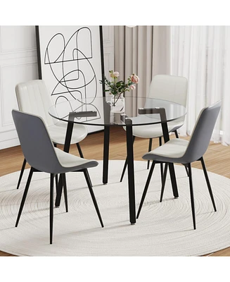 Glass Table & 4 Pu Chairs - Modern Minimalist