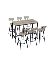 Pub High Dining Table 7 Piece Set, Industrial Style Pub Table, 6 Pu Leather Bar Chairs for Kitchen Breakfast Table, Living Room, Bar, Rustic Grey, 47.
