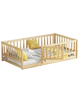 Montessori Twin Floor Bed with Fence and Door (Natural)
