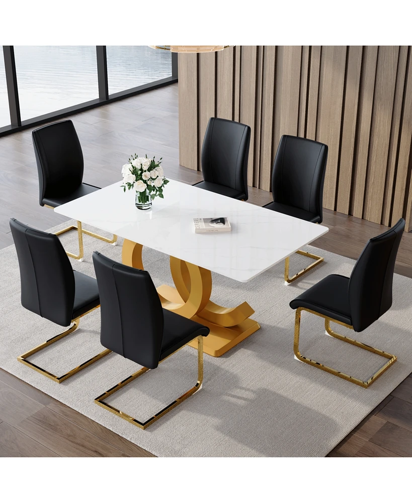 Tempered Glass and Pu Material Dining Set with Arched Gold Legs