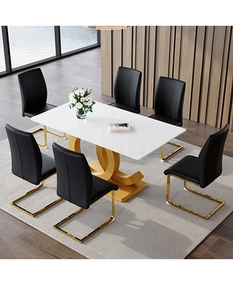 Tempered Glass and Pu Material Dining Set with Arched Gold Legs